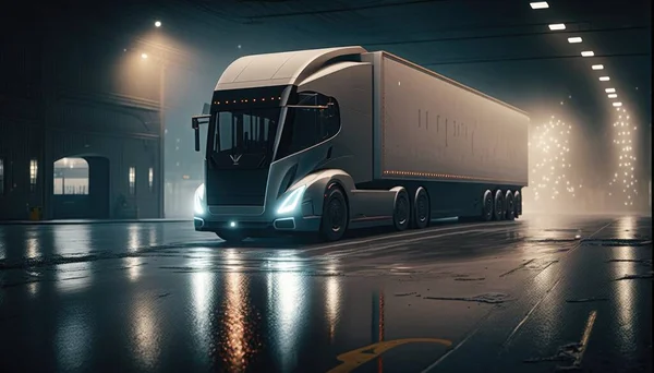 A semi truck driving through a tunnel at night time with fog on the ground and lights on redshift render a digital rendering futurism