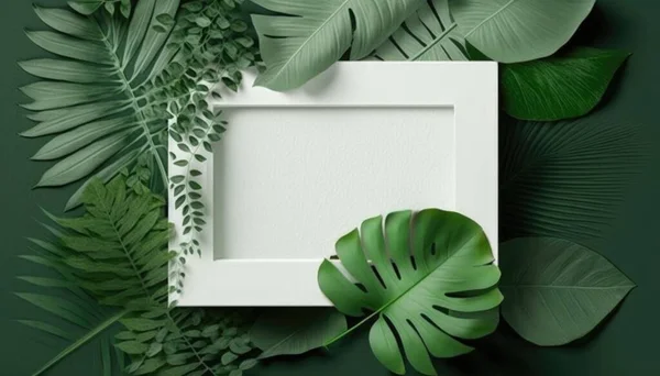 A white frame surrounded by green leaves on a green background with a white square frame paper texture a minimalist painting environmental art