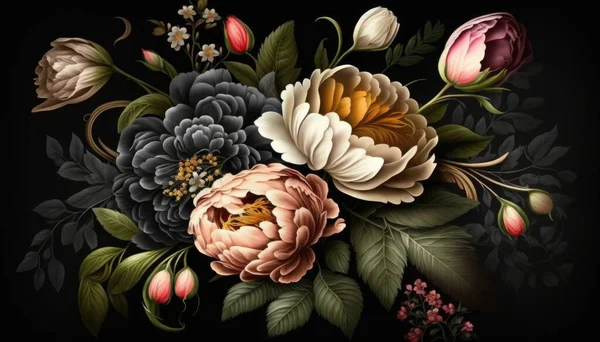 A painting of flowers on a black background with leaves and flowers in the center of the painting highly detailed digital painting a flemish baroque rococo