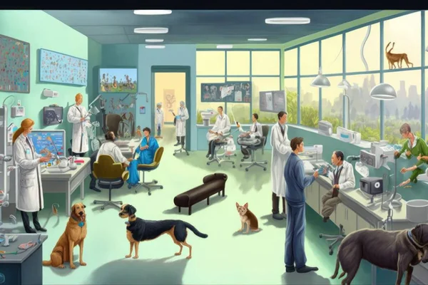 A painting of a veterinarian with dogs and cats in a room full of people highly detailed digital painting a detailed painting furry art