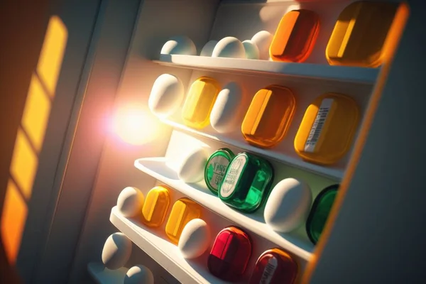 A shelf with many different colored pills on it\'s sides and a bright light coming through the window vray caustics a 3d render photorealism