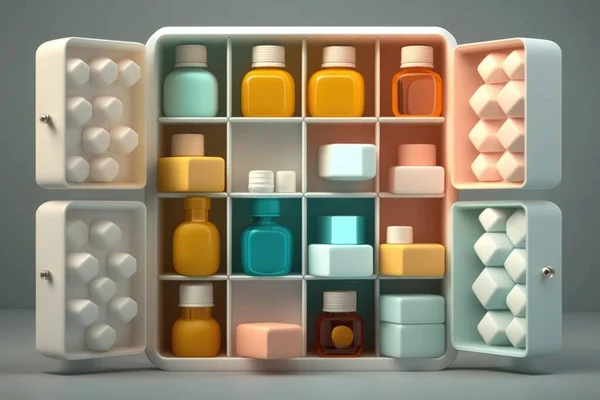 A medicine cabinet with medicine bottles and pills inside it on a gray background with a shadow octane renderer a 3d render neoplasticism