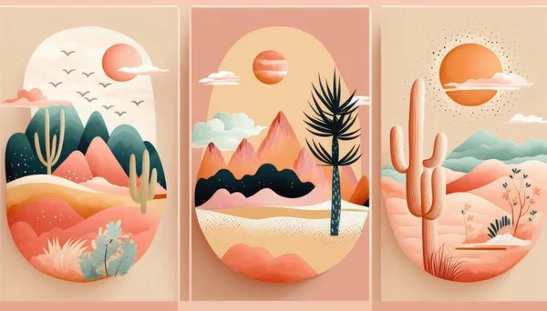 Three different desert scenes with cactus mountains and birds in the sky and a desert landscape colorful flat surreal design an art deco painting process art