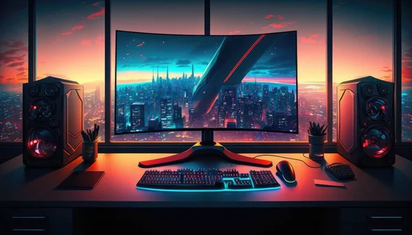 A computer monitor sitting on top of a desk next to a keyboard and mouse on a desk synthwave style cyberpunk art computer art