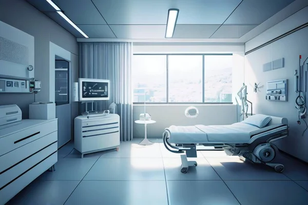 A hospital room with a bed and a monitor on the wall and a television on the wall unreal 5 highly rendered a digital rendering neoplasticism