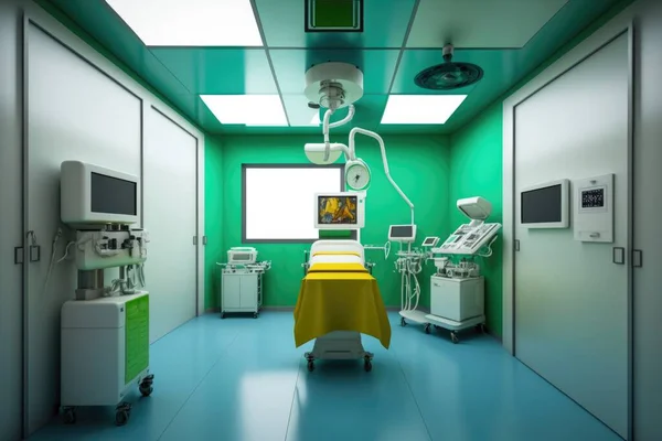 A hospital room with a bed and medical equipment in it\'s room and a television on the wall unreal 5 highly rendered a digital rendering neoplasticism