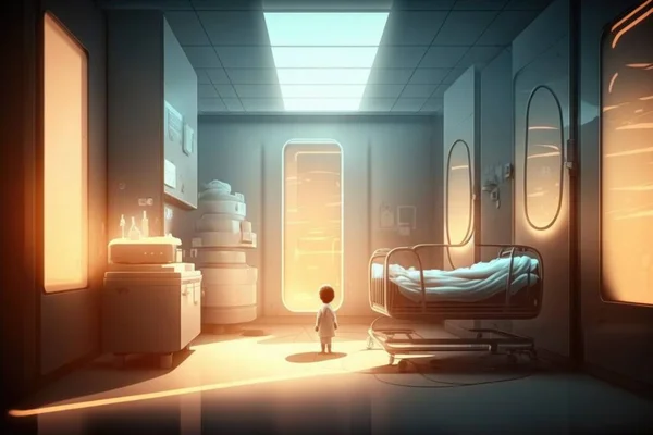 A child standing in a hospital room with a bed and a hospital equipment in the background dim volumetric lighting a screenshot light and space