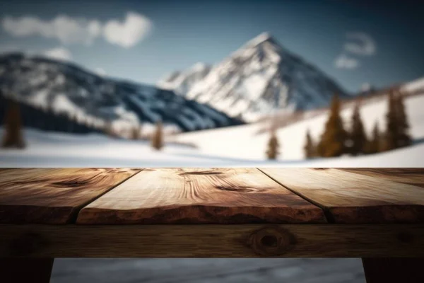 A wooden table with a mountain in the background with snow on the ground and a sky background deep depth of field an ambient occlusion render photorealism