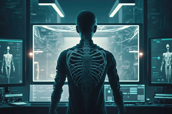 A man standing in front of a computer screen with a skeleton on it\'s back biomechanical computer graphics computer art