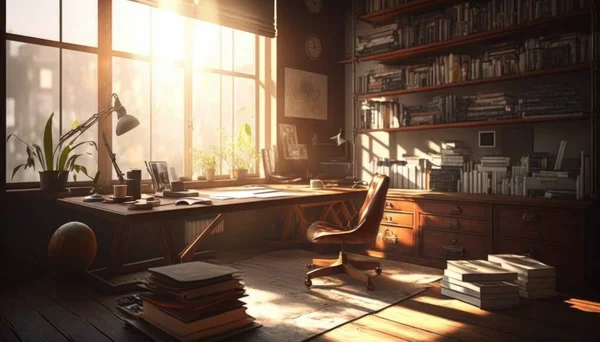 A room with a desk chair books and a window with the sun shining through realistic shaded lighting a 3d render academic art