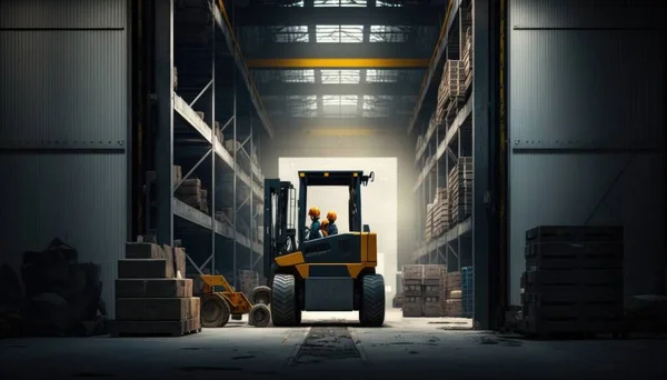 A forklift in a warehouse with a fork in the middle of it\'s back diffuse lighting a tilt shift photo les automatistes
