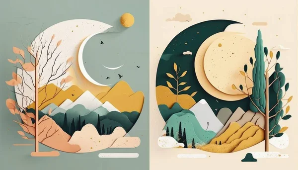 Two paper cut art pieces of mountains and trees with a moon in the sky above colorful flat surreal design poster art environmental art