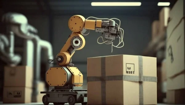 A robot is moving a box in a warehouse with boxes around it and a man in a suit is standing behind it robots a 3d render les automatistes