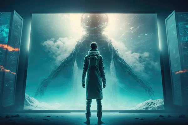 A man standing in front of a doorway with a giant robot in the background and a man in the doorway looking at the sky sci fi cyberpunk art computer art