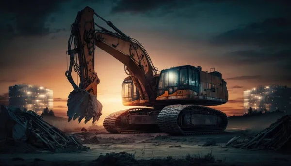 A large construction vehicle is in a construction site at night with a city in the background realistic render a digital rendering environmental art