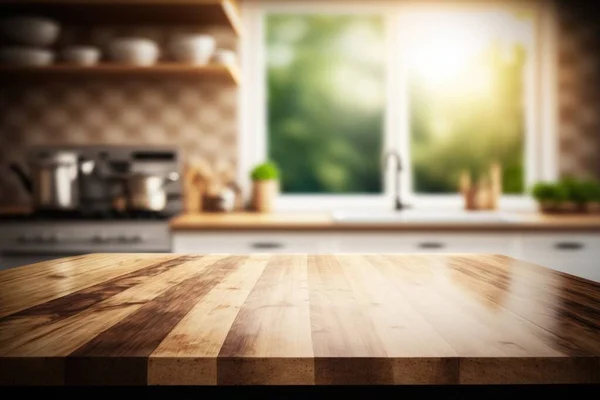 A wooden table top in a kitchen with a window in the background and a potted plant on the counter unreal 5 highly rendered an ambient occlusion render postminimalism