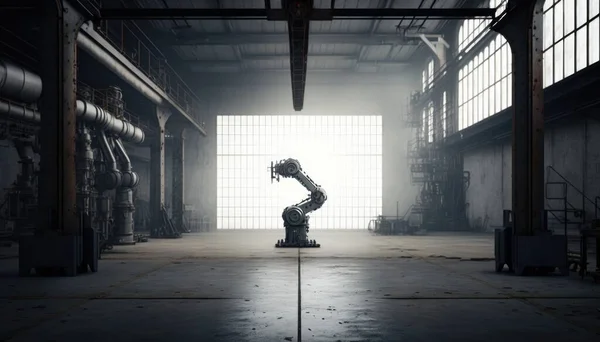 A large industrial building with a robot in the middle of the room and a window robots an ambient occlusion render les automatistes