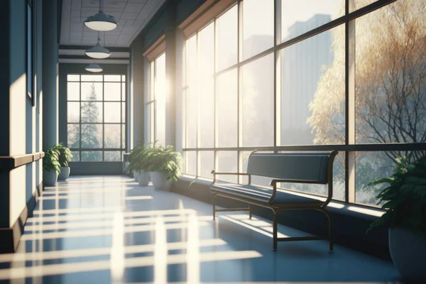 A long hallway with a bench and plants in it and a window with a view of the trees outside photorealistic lighting a 3d render photorealism