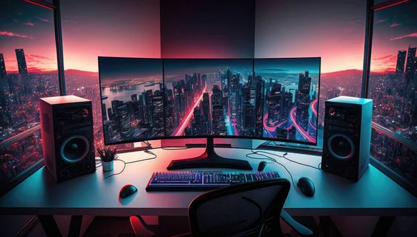 A computer desk with a monitor and keyboard on it in front of a city view 4k a computer rendering computer art