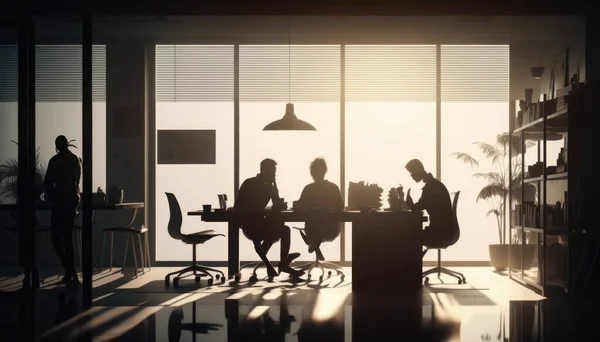 A group of people sitting around a table in a room with windows and a lamp dim volumetric lighting a stock photo neoism