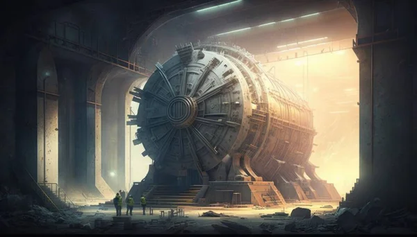 A giant machine in a large industrial setting with people standing around it and looking at it league of legends concept art concept art fantasy art