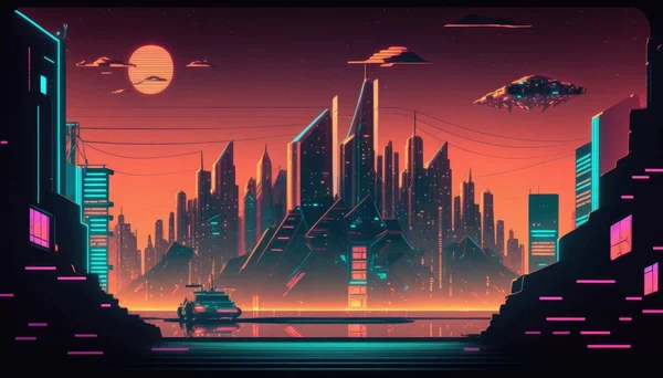A futuristic city with a futuristic car in the foreground and a futuristic city in the background synthwave style cyberpunk art retrofuturism