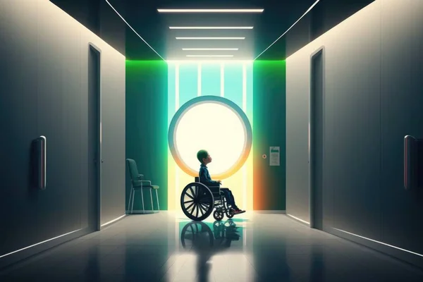 A person in a wheel chair in a hallway with a bright light coming through the doorway cinematic lighting cyberpunk art light and space
