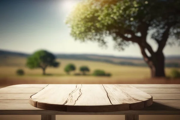 A wooden table with a tree in the background with a blurry background of a field 3 d render a 3d render photorealism