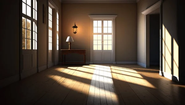 A room with a lamp and a table in it with a light coming through the window photorealistic lighting a raytraced image postminimalism