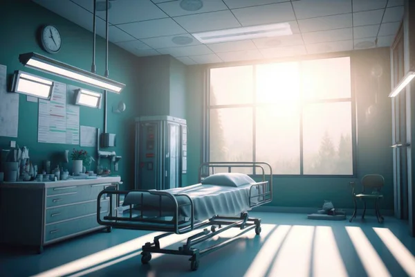 A hospital room with a bed and a window with the sun shining through it and a clock on the wall unreal 5 highly rendered a stock photo neoplasticism