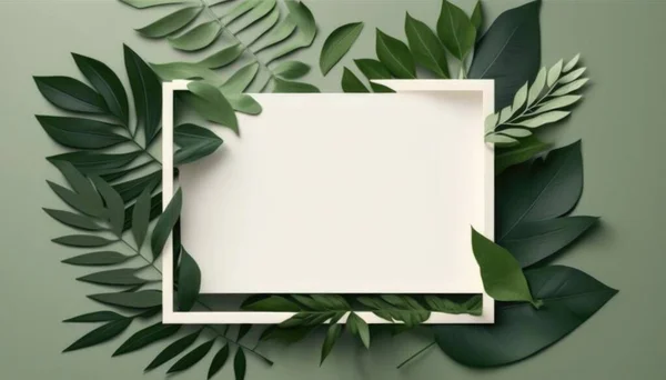 A square frame surrounded by leaves on a green background with a white square in the middle forest background a minimalist painting postminimalism
