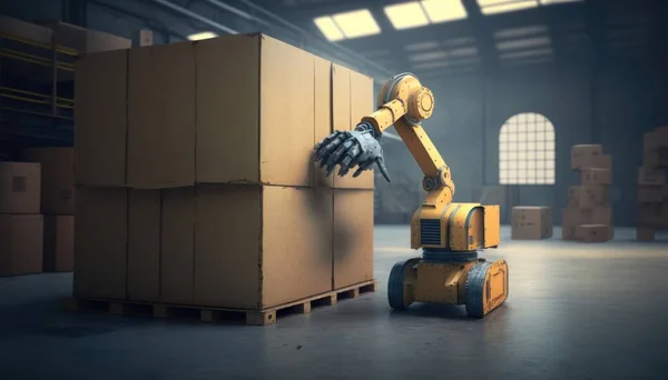 A robot is moving around a box in a warehouse with boxes on the floor and a large window robots a 3d render les automatistes