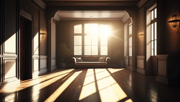 A room with a couch and a window with the sun shining through it and a lamp on the wall unreal 5 highly rendered a raytraced image arts and crafts movement