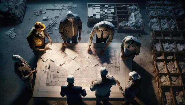 A group of people standing around a table with construction plans on it in a dark room blueprint a digital rendering constructivism