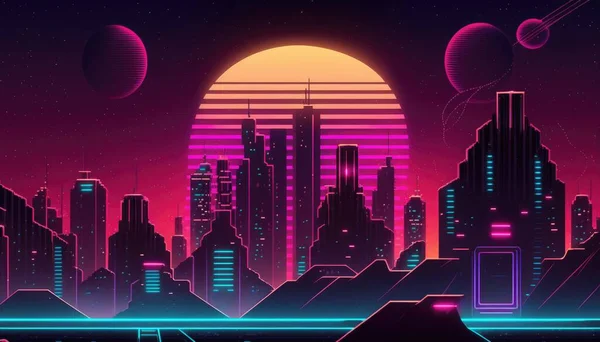 A futuristic city with a sunset in the background and a futuristic city skyline in the foreground synthwave style cyberpunk art retrofuturism