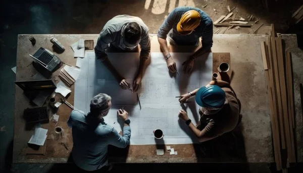 Three people sitting at a table with a blueprint and a blue helmet on top of it stock photo a stock photo hardworking creatives at work