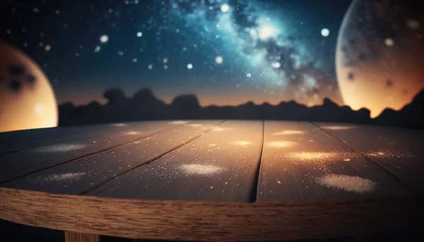 A wooden table with a view of the night sky and stars in the background with a wooden table top liminal space in outer space a detailed matte painting space art