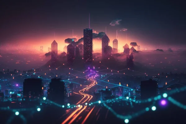 A futuristic city with a futuristic skyline and neon lights at night time with a cityscape in the background city background cyberpunk art computer art
