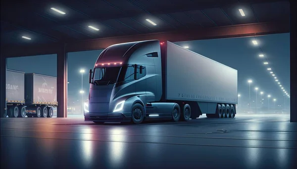 A semi truck is parked in a garage at night time with lights on the side redshift render a digital rendering superflat