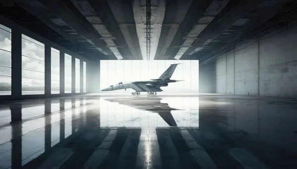 A jet plane is parked in a large building with windows and a sky background that is partially lit atmospheric lighting a detailed matte painting constructivism