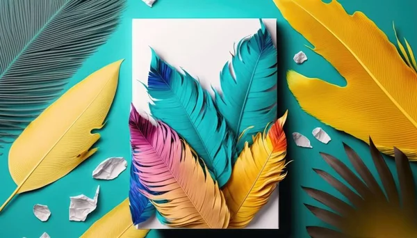 A paper cut of a colorful feather on a blue background with other paper cutouts offset printing technique an airbrush painting process art