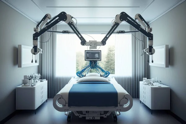 A hospital room with a bed and a robot in it\'s arms and a monitor on the wall cybernetics cyberpunk art futurism