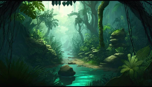 A painting of a jungle with a stream and rocks in the foreground and a rock in the middle of the picture jungle a detailed matte painting fantasy art