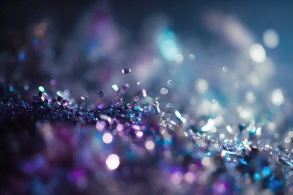 A close up of a blue and purple glitter background with a blurry background of the glitter particles a microscopic photo holography