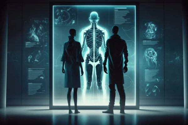 Two people standing in front of a display of human body systems in a dark room biopunk a hologram holography