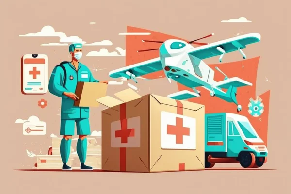 A man in a medical suit standing next to a box and a plane with a medical symbol on it editorial illustration a storybook illustration neoplasticism