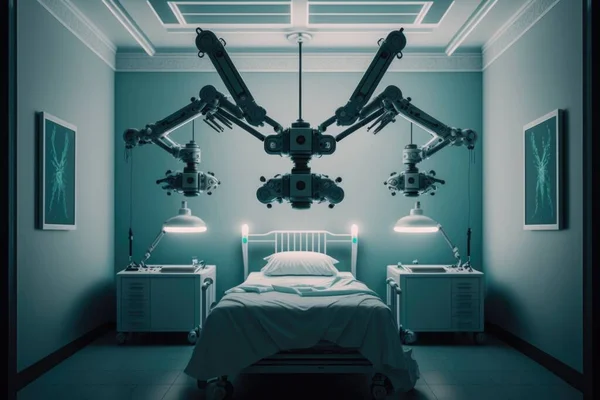 A hospital room with a bed and medical equipment in it and a robot hanging from the ceiling cybernetics cyberpunk art neoplasticism