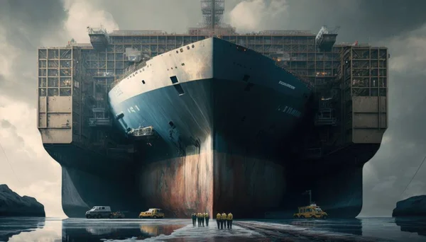 A large ship in the middle of a body of water with a group of people standing in front of it cinematic matte painting a detailed matte painting photorealism