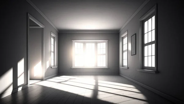 A room with a window and a door with a light coming through it and a light coming through the window dim volumetric lighting a raytraced image postminimalism