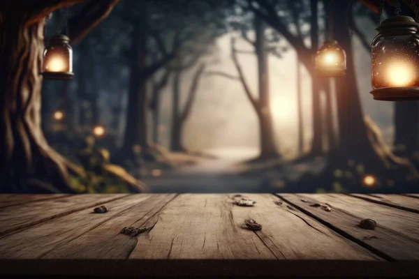 A wooden table topped with two lanterns and a forest scene behind it with a path rendered in unreal 5 a 3d render photorealism